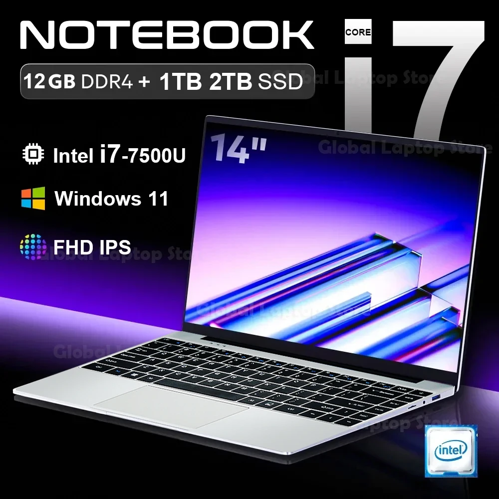 Фото Ноутбук 2025 года, Windows 11, ноутбук 14,1 дюйма, Intel Core i7 7500U, 12 ГБ DDR4, 512 ГБ, 1 ТБ SSD, 1920*1080P, офисный учебный ПК, компьютер №1
