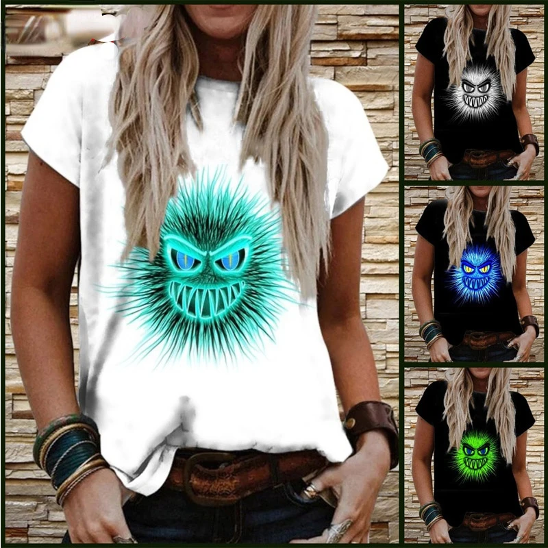 

Summer Women Fashion Street Casual Little Devil Cartoon Printing Harajuku Tops Lady Loose Round Neck Plus Size Sleeve T-shirt