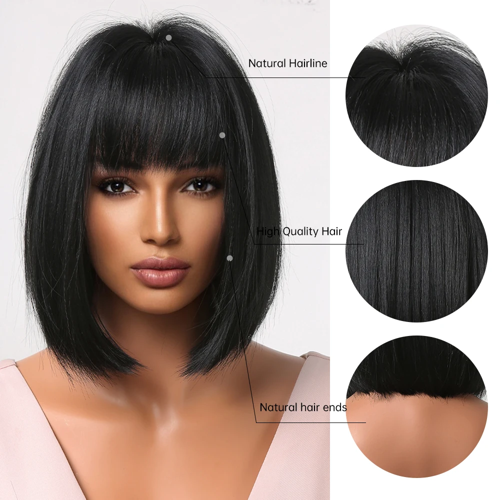 Natural Synthetic Short Black Bob Wigs With Bangs Hair Wigs for Women Afro Heat Resistant Fiber Female Hair Cosplay Daily Use