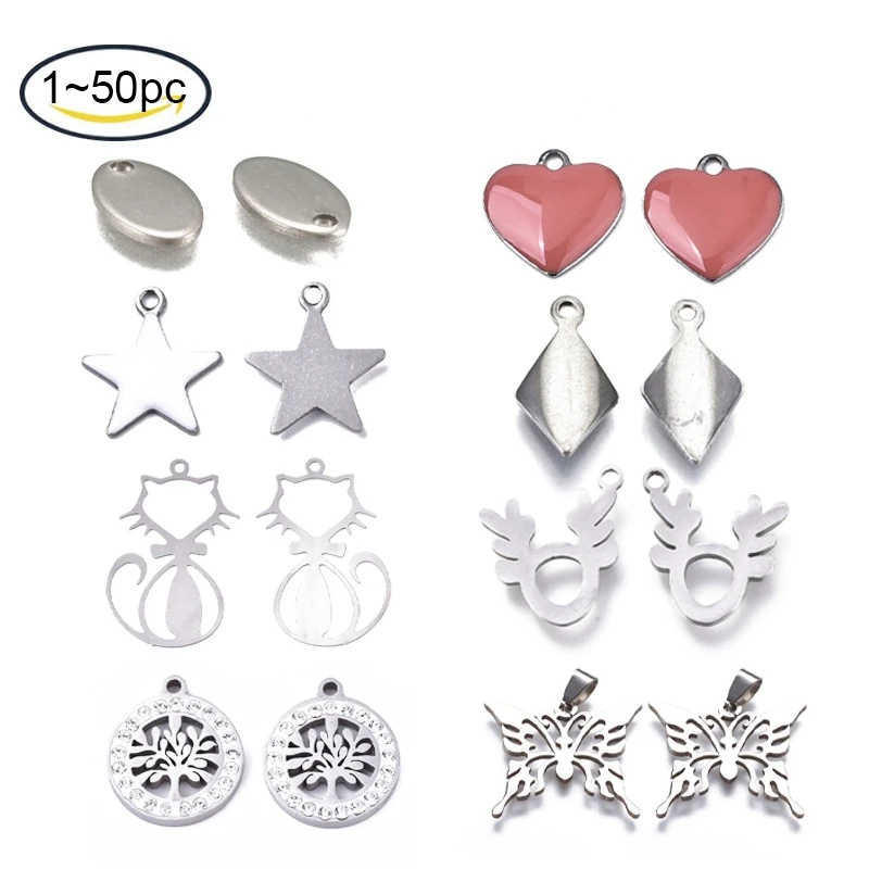 

1PC to 50PCS Stainless Steel Pendant 201 Oval, Butterfly Cat Reindeer Heart Round Flat Stainless Steel Color