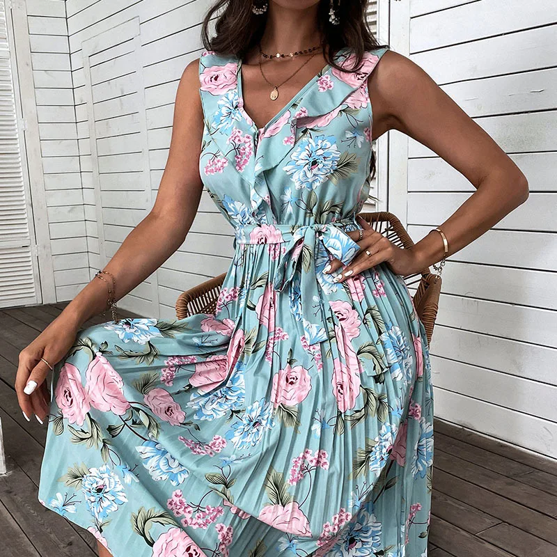 

Summer Woman Flower Print Beach Dress Party Elegant Casual Holiday Vestidos Sashes Sleeveless Blue Pleated Mid Dresses Vestidos