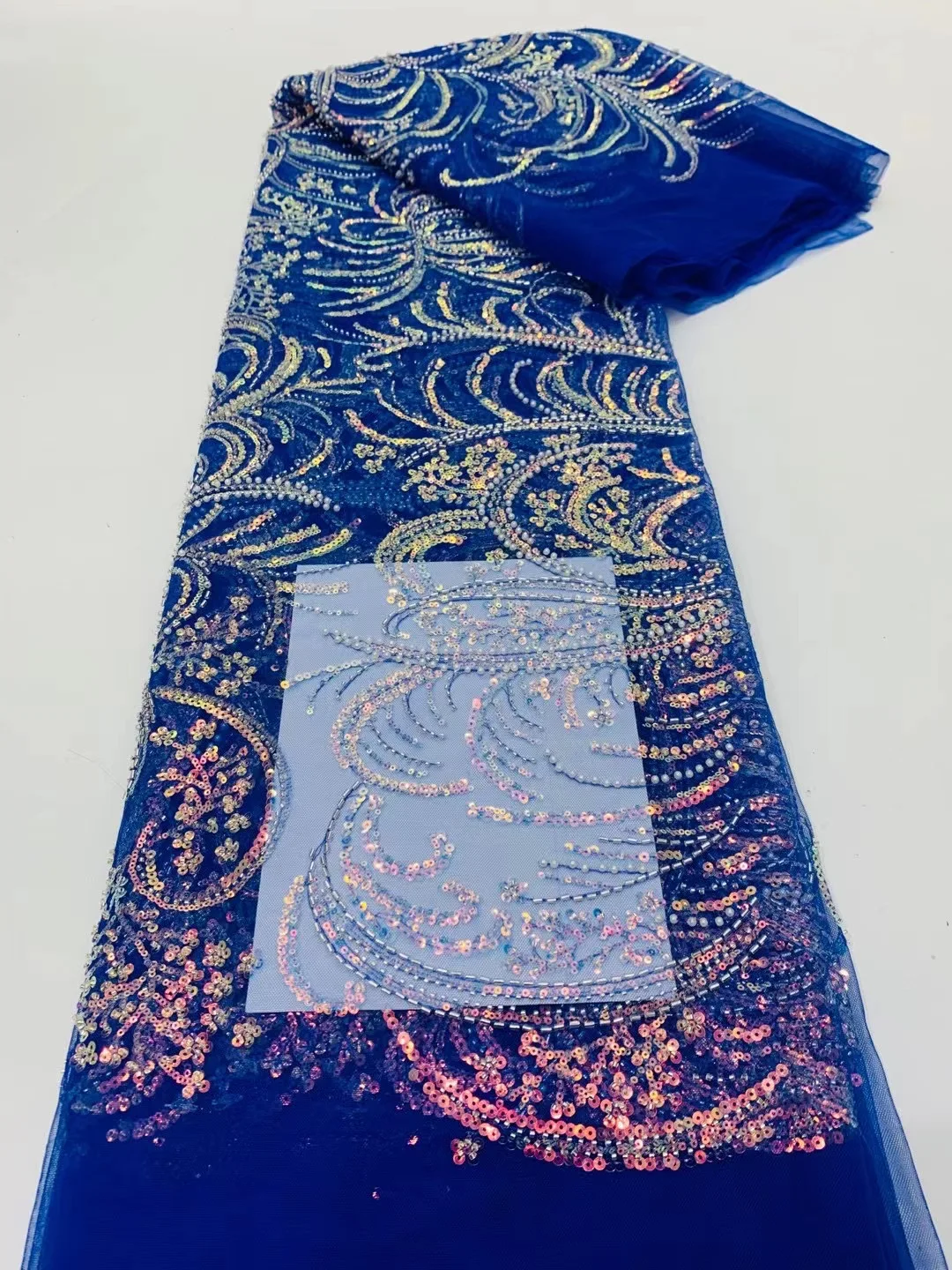 

African Latest Royal Blue Luxury Sequins Fabric French High Quality Handmade Beaded Tulle Lace For Wedding Prom Party Dress Sew