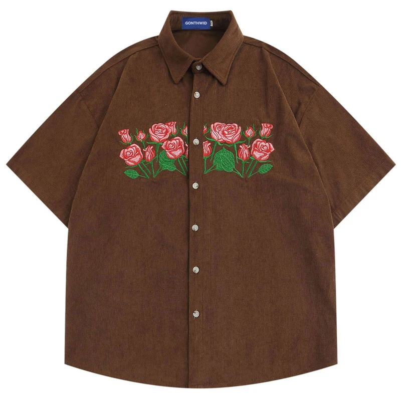 

Corduroy Shirt Harajuku Embroidery Floral Short Sleeve Shirts Men Women Summer Fashoin Casual Short Sleeve Shirt Brown Blue