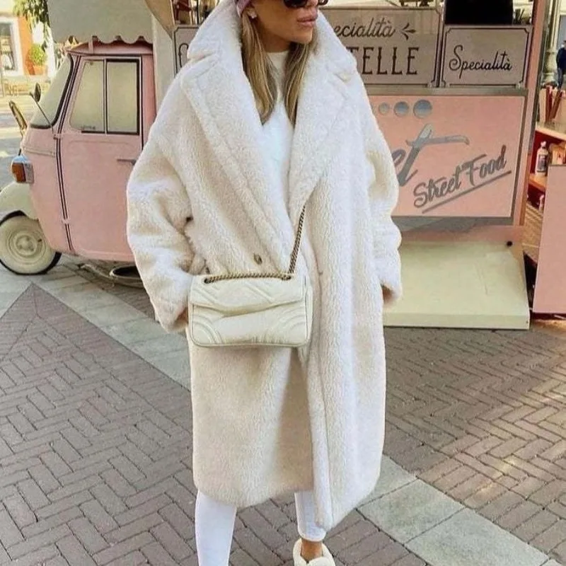 

Женское длинное пальто из искусственного меха, элегантное двубортное толстое теплое пальто с отложным воротником, плюшевая верхняя одежда, осень-зима 2023