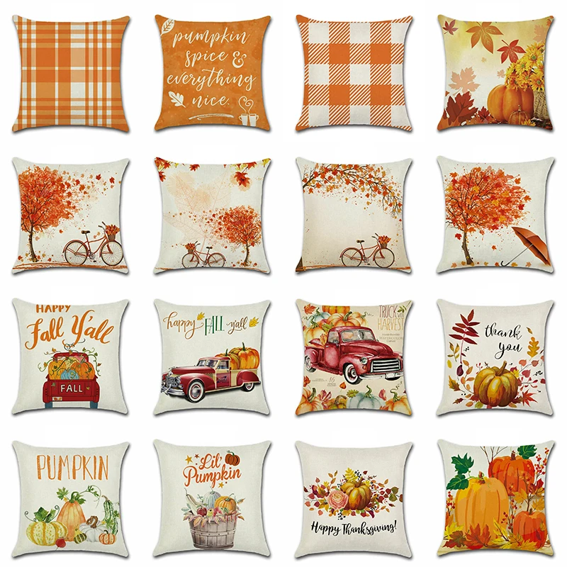 

Thanksgiving Day Pillow Covers Pumpkin Truck Harvest Rustic Art Decor Cushion Cover Sofa Home Fall Autumn Farm 45*45 cm Printed