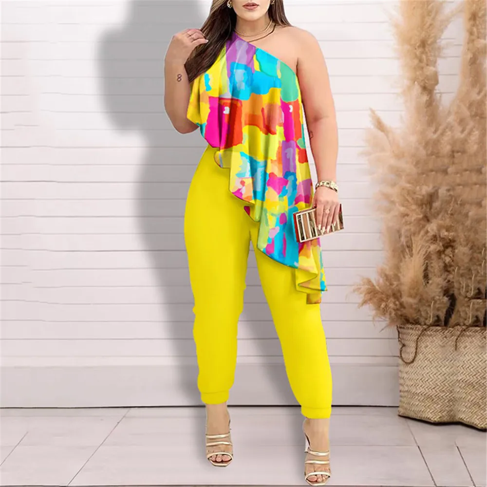 Summer Fashion Sexy Off Shoulder Slim Jumpsuit Women Elegant Printed Sleeveless Ruffle Jumpsuit Women