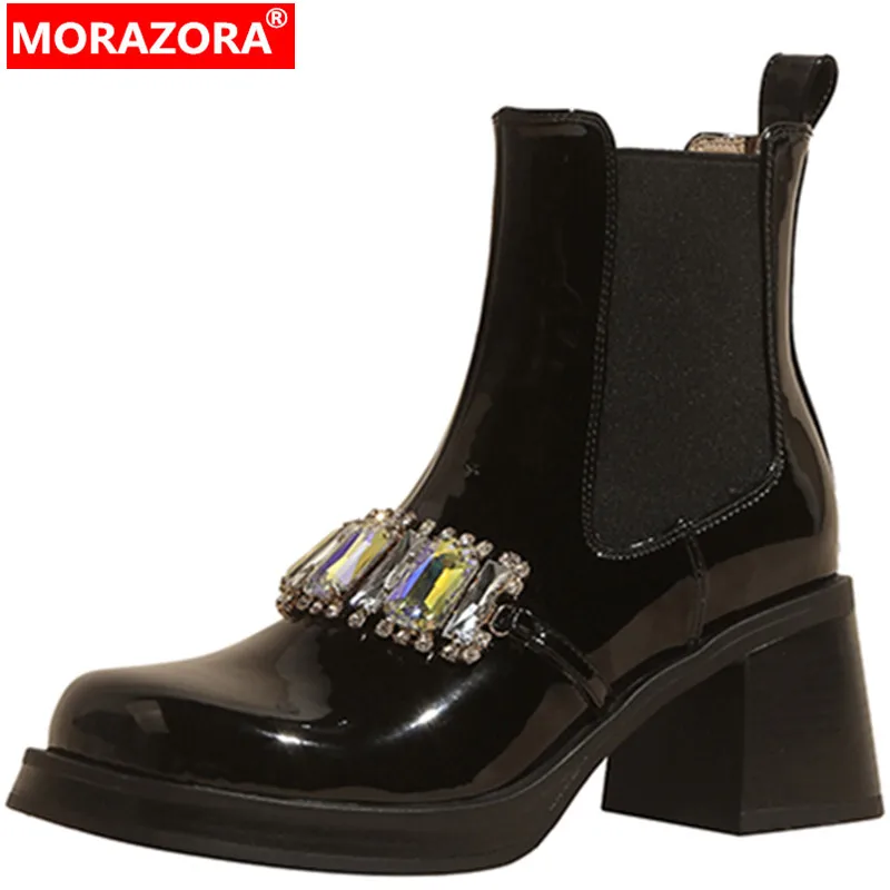 

MORAZORA 2022 New Rhinestone Ankle Boots Platform Patent Leather Women Boots Solid Spring Thick High Heels Shoes