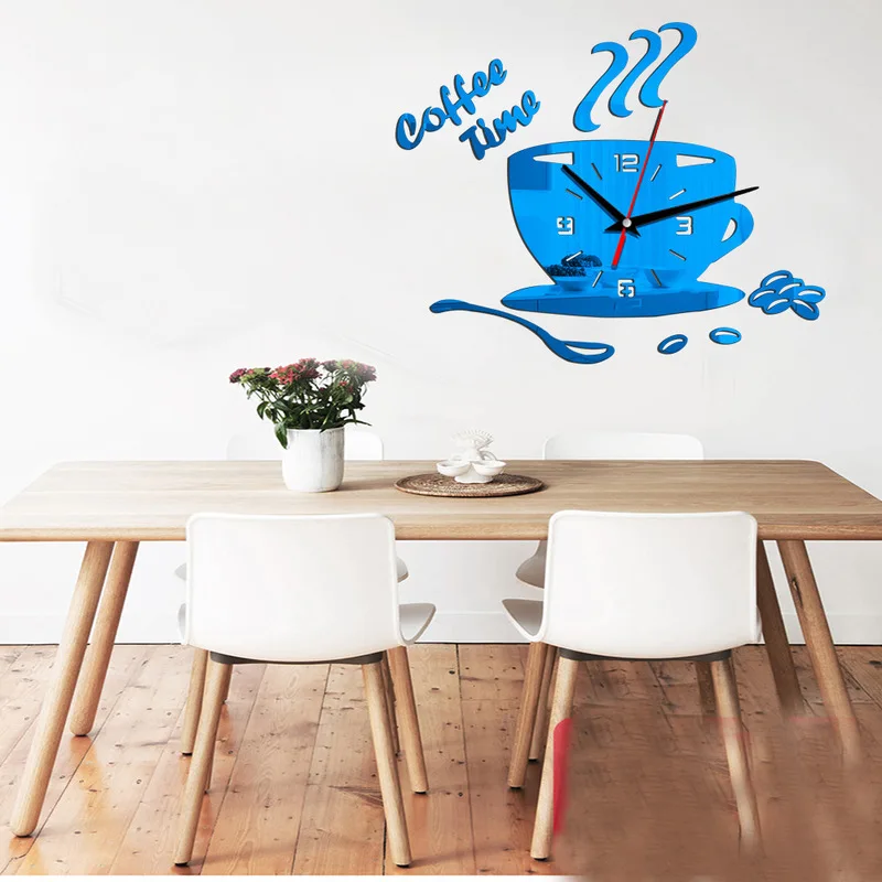 

3D Coffee Cup Shaped Time Clock DIY Mirror Acrylic Wall Clock Modern Kitchen Digital Wall Stickers Home Living Room Decoration