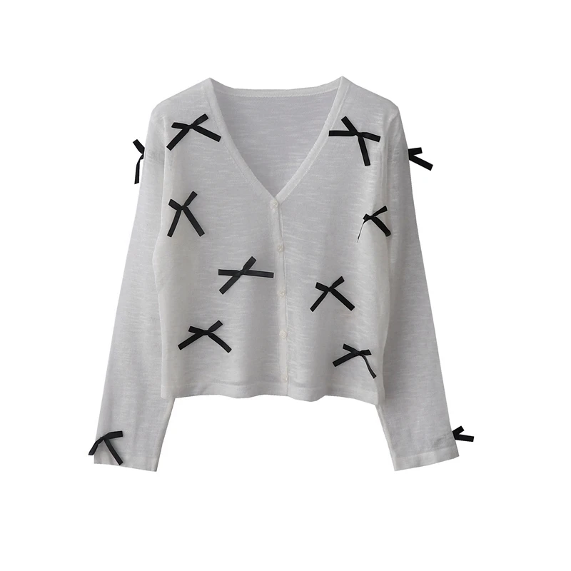 Милый шикарный тонкий вязаный кардиган с бантом женские летние облегающие