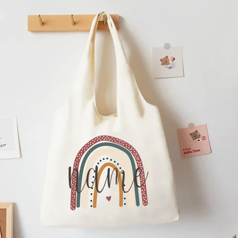 Персонализированная сумка через плечо с радугой и именем, холщовые сумки на заказ, сумка в стиле Харадзюку, женская сумка для покупок, дорожная сумка, для нее