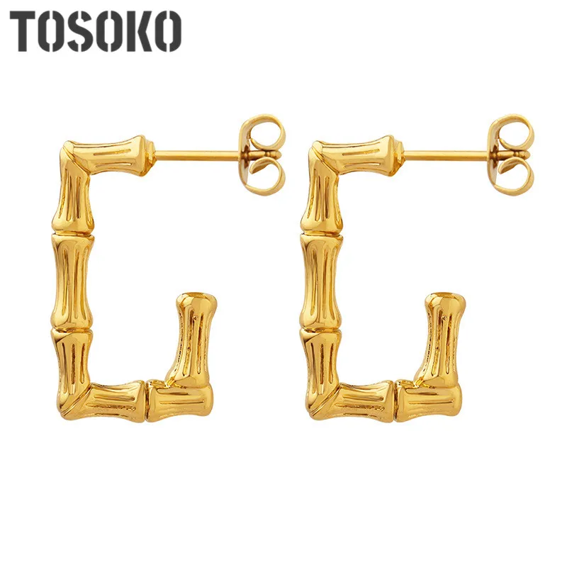 

TOSOKO Copper Jewelry Geometric Bamboo Earrings Female Fashion Earrings BSF192