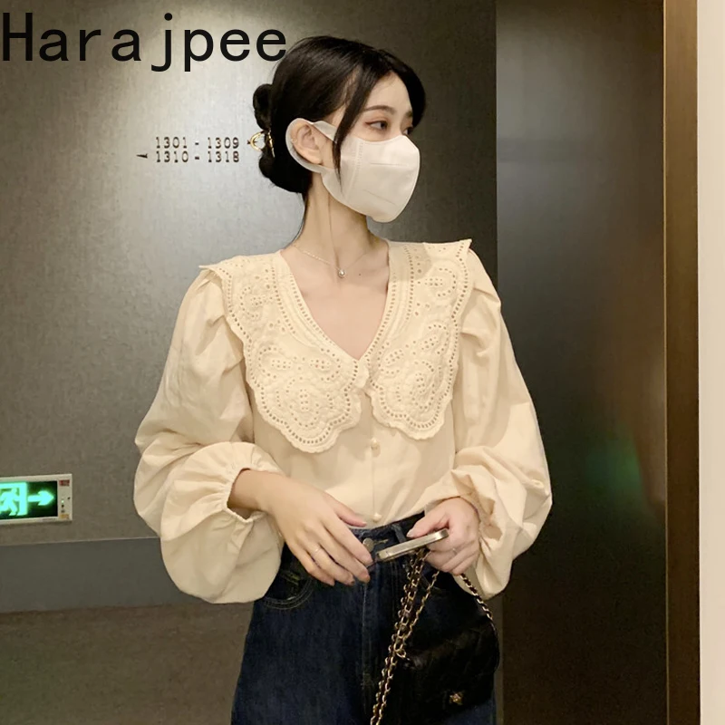 

Harajpee Women Shirt Doll Collar Single Breasted French Style Solid Elegant Solid Tops Long Sleeve Spring New 2022 Korean Chic