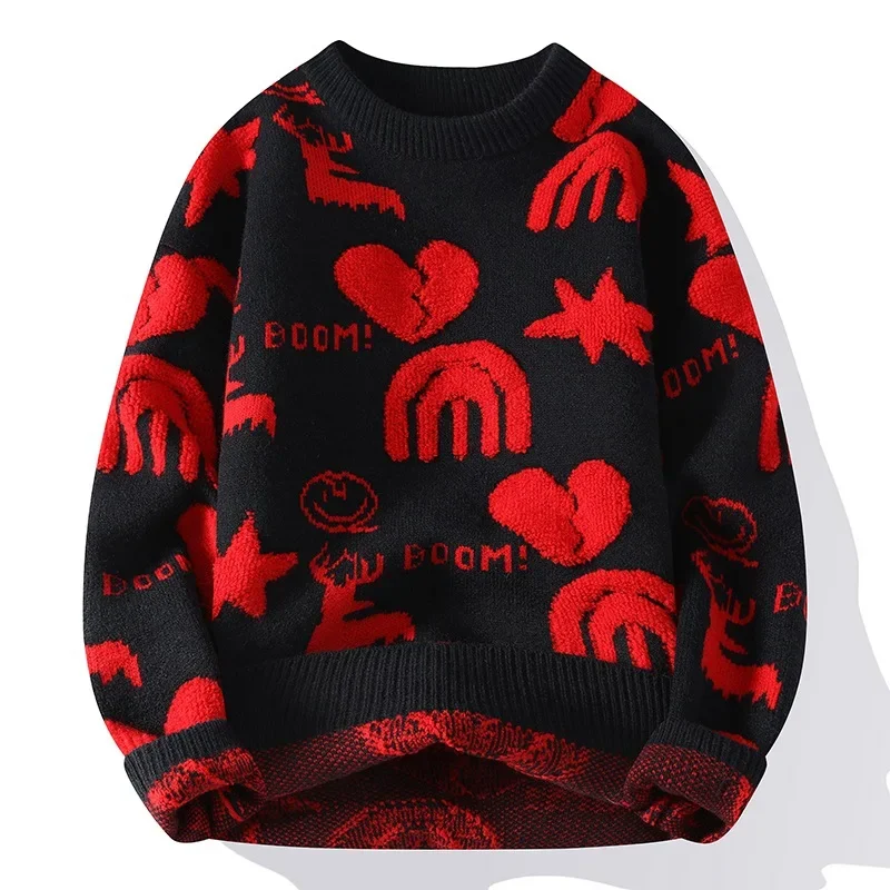 Thickened Jacquardsweater Men's Autumn/winter Red Knitted Top Casual Crew Neck Youth Sweater Wholesale
