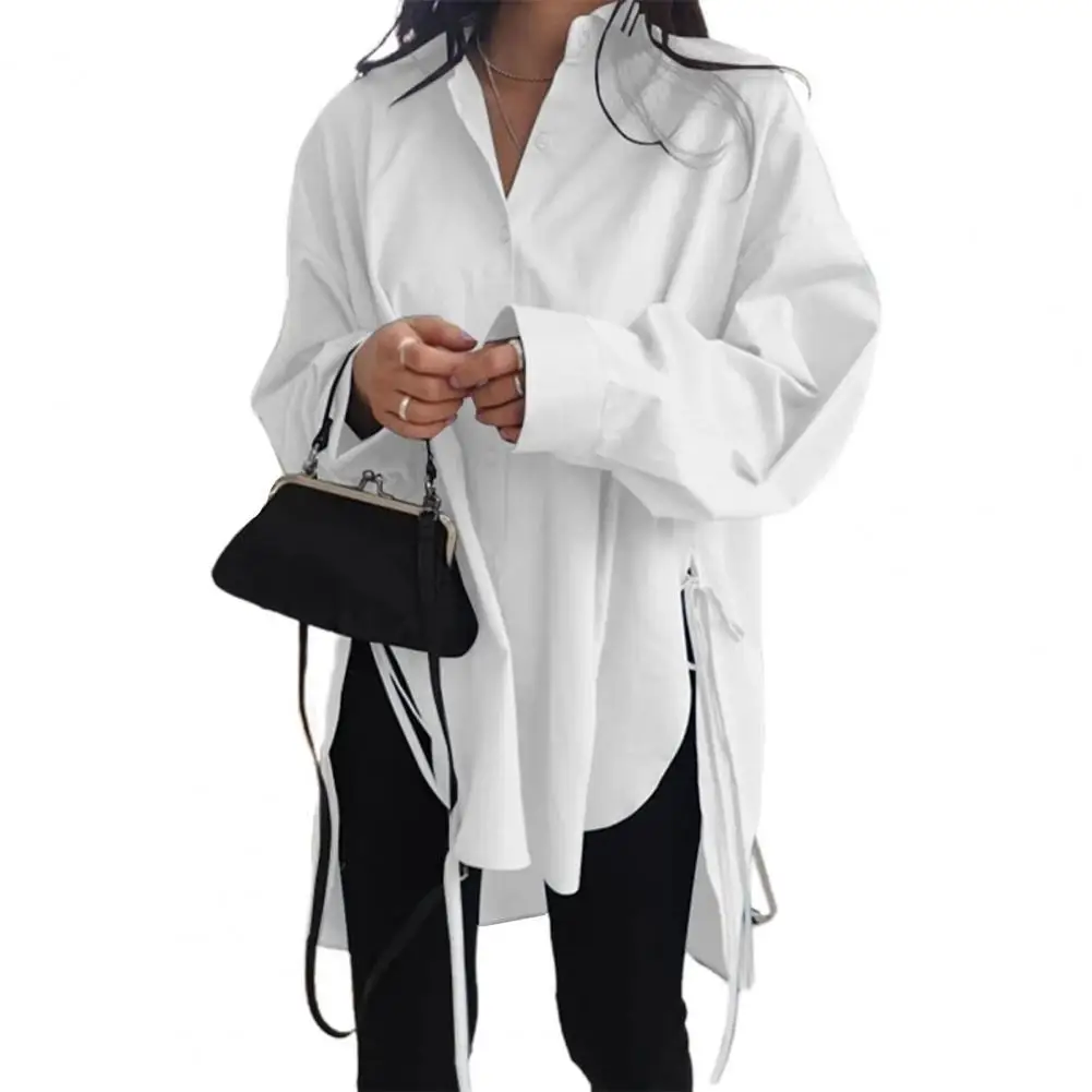 

Office Lady Shirt 2022 Solid Color Lace-up Ladies Blouse Spring Autumn Buttons Long Blouse for Daily Wear