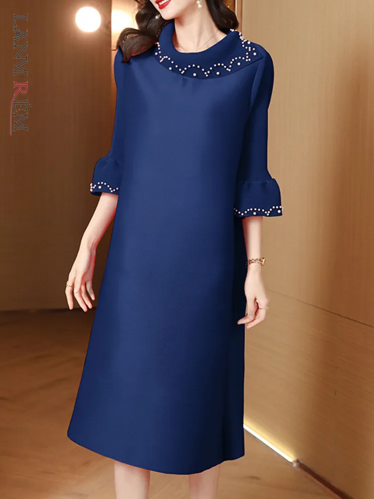 

Женское плиссированное платье LANMREM, расшитое бисером, с отворотом и расклешенными рукавами, однотонная элегантная одежда для вечеринок, весна-лето 2023, 2DA1083