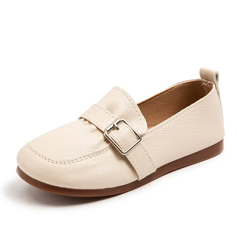 

Girl's Loafers Spring Concise Style Buckle Slip-on Light Children Leather Shoes 26-36 Beige Khaki Calssic Leisure Kids Flat Shoe