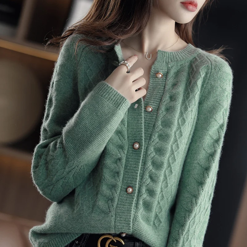 Ladies 100%Wool/Cashmere Cardigan Spring New Large Size Twist Coat High-End Cashmere Sweater Shirt Loose Women Jacket Thick Top