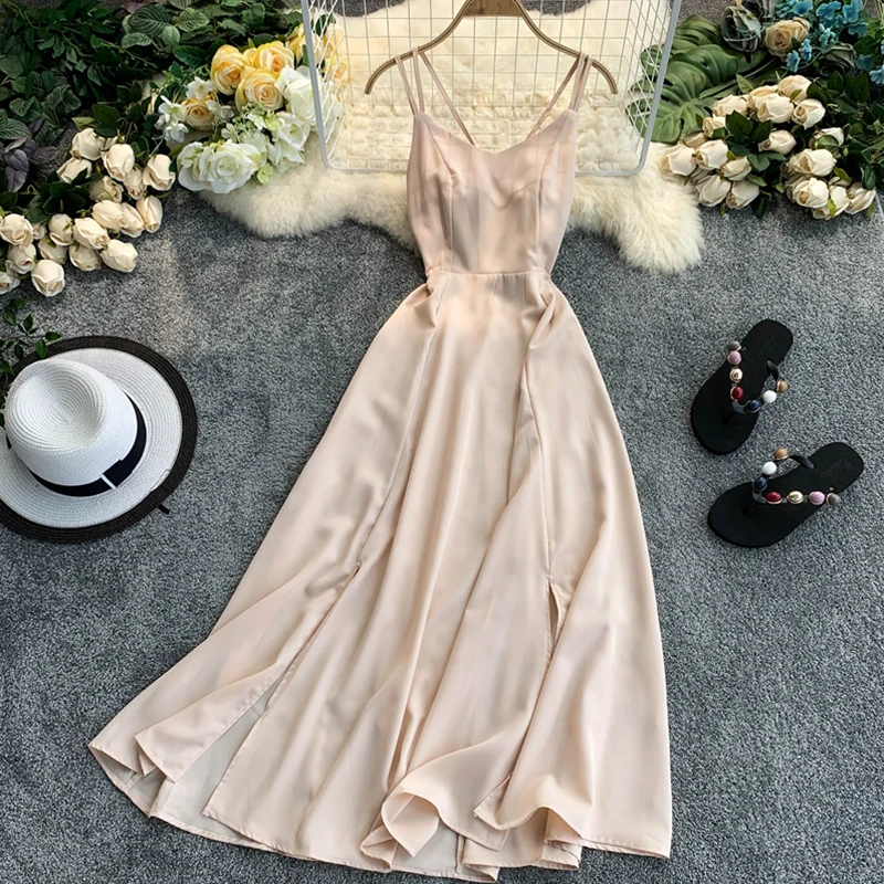 

Ladies Sexy V Neck Spaghetti Strap Dresses Summer Backless Split Slim Long Dress Women Casual Beach Holiday