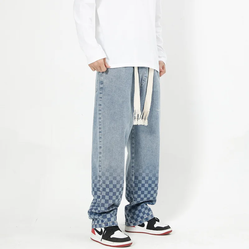 High Street Washed Gradient Plaid Printed Jeans Men's Wide Leg Pants Street Casual Straight Leg Jeans Pants Men's Street Men's