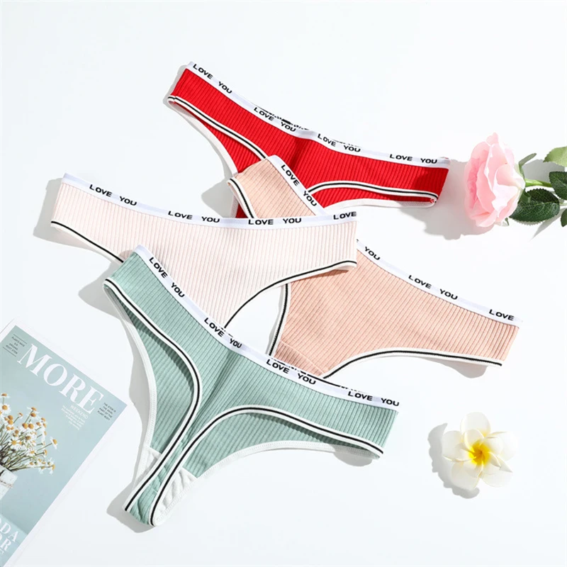 

3Pcs/Lot Women's Cotton G-String Ladies Thong Letter Low-Rise Panties Underwear Screw Thread Briefs Sexy Lingerie Pants Intimate
