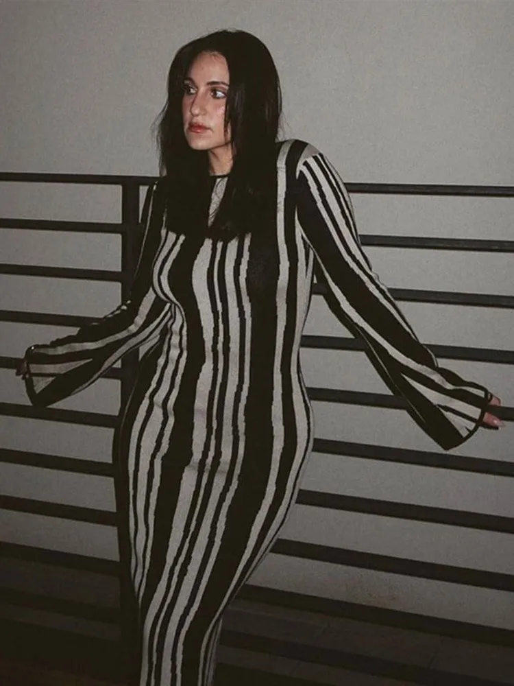 

Модное женское облегающее платье с леопардовым принтом, женские платья в полоску с длинным рукавом, круглым вырезом и высокой талией, весна 2023, женское вечернее платье в виде роз