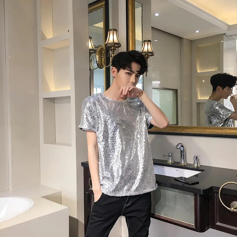 

Новинка, футболка с блестками для выступлений, Vetement Homme Poleras Hombre, 2022, летняя уличная футболка, Homme, мужские футболки серебристого и черного цве...