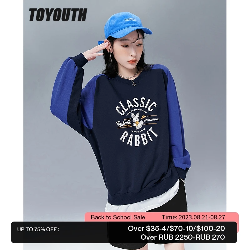 

Toyouth Women Fake Two Piece Sweatshirts 2022 Autumn Long Sleeve O Neck Loose Hoodies Rabbit Letter Print Streetwear Pullover