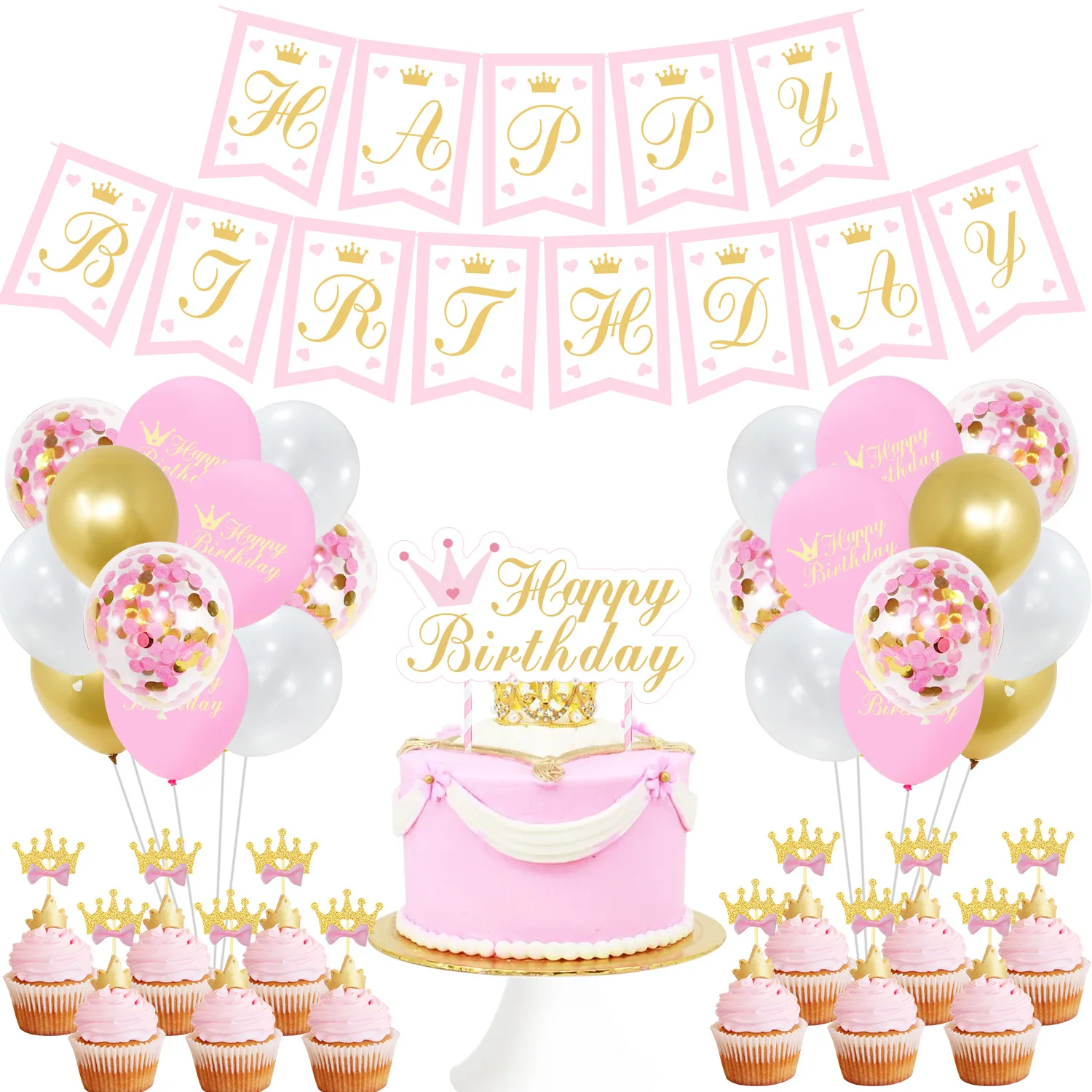 

CHEEREVEAL Princess Themed Party Decorations Crown Banner Cake Toppers Pink Gold Confetti Balloons 1st Birthday Party Supplies