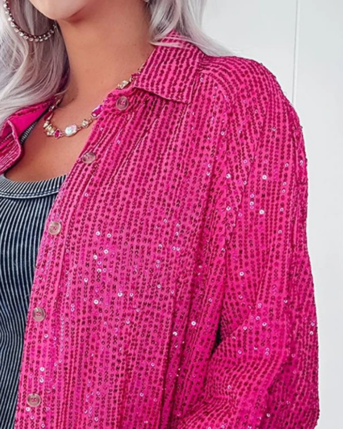 Женский Осенний модный новый топ на пуговицах с длинными рукавами и блестками