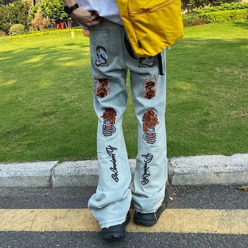 

High Street Flame Skull Embroidered Jeans Tide Brand New Ruffian Handsome Fried Street Trousers American Retro Flared Pants