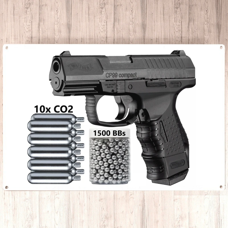 

Новинка 2022, компактный Воздушный пистолет Umarex Walther CP99, CO2 .177 Cal BB, 345 кадров в секунду, настенный жестяной знак, металлическая настенная пласти...