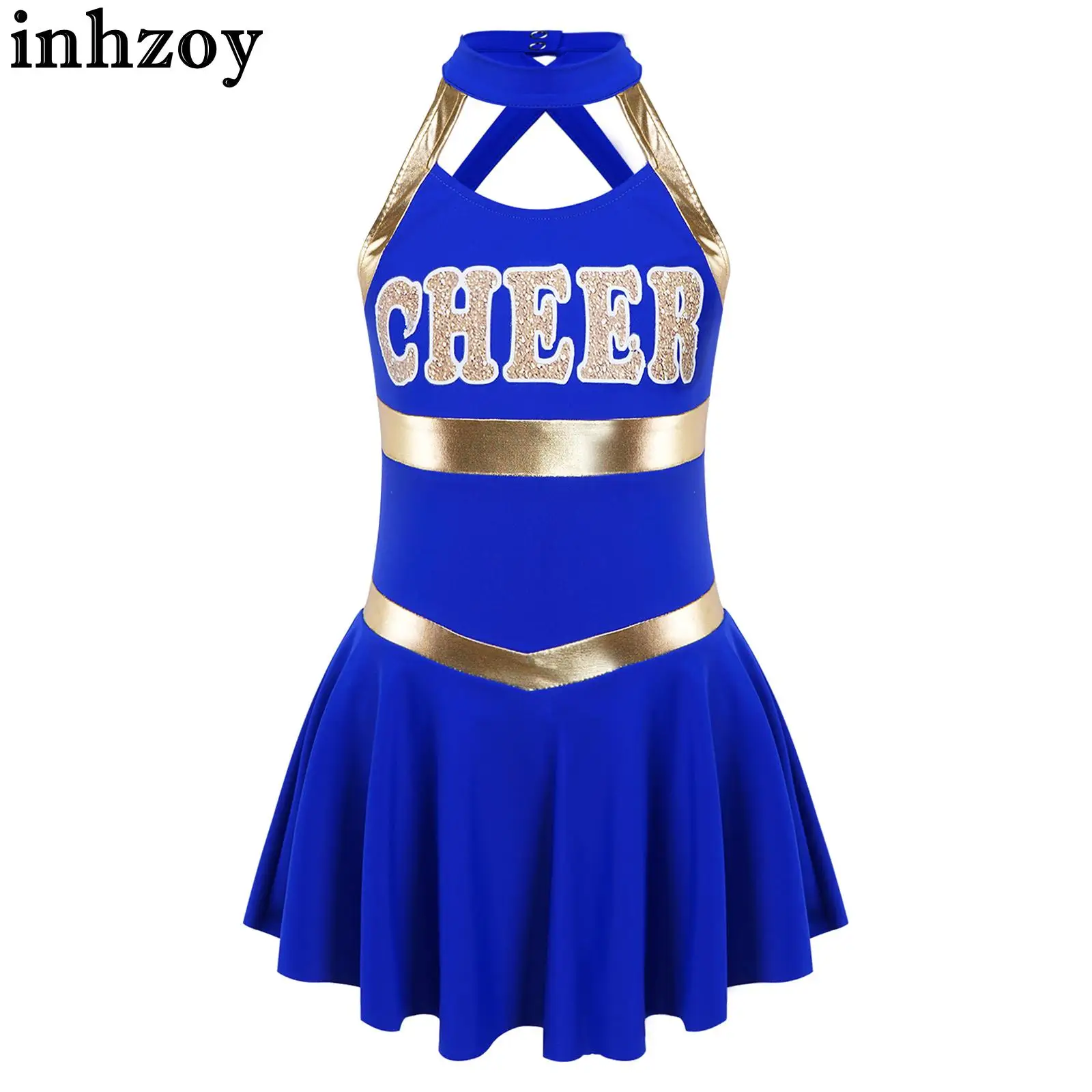 

Kids Girls Cheerleading Uniform Dance Dress Sleeveless Halter Neck Letter Print Crisscross Straps Hollow Back Dress Costume