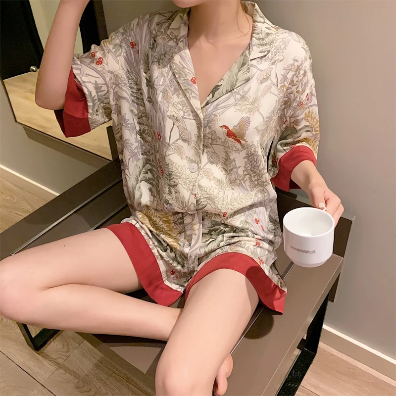 2 Piece Women Set Spring Summer Short Sleeve Pajamas for Woman Silk Fashion Sleepwear Flowers Bird Print Sexy Satin Pajama Set