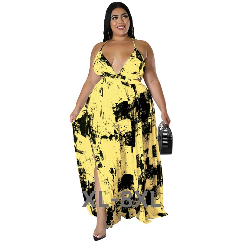 

Plus Size Women's Clothing Summer New Suspenders Backless Ink Painting Print Ladies Dress 3xl 4xl 5xl 6xl