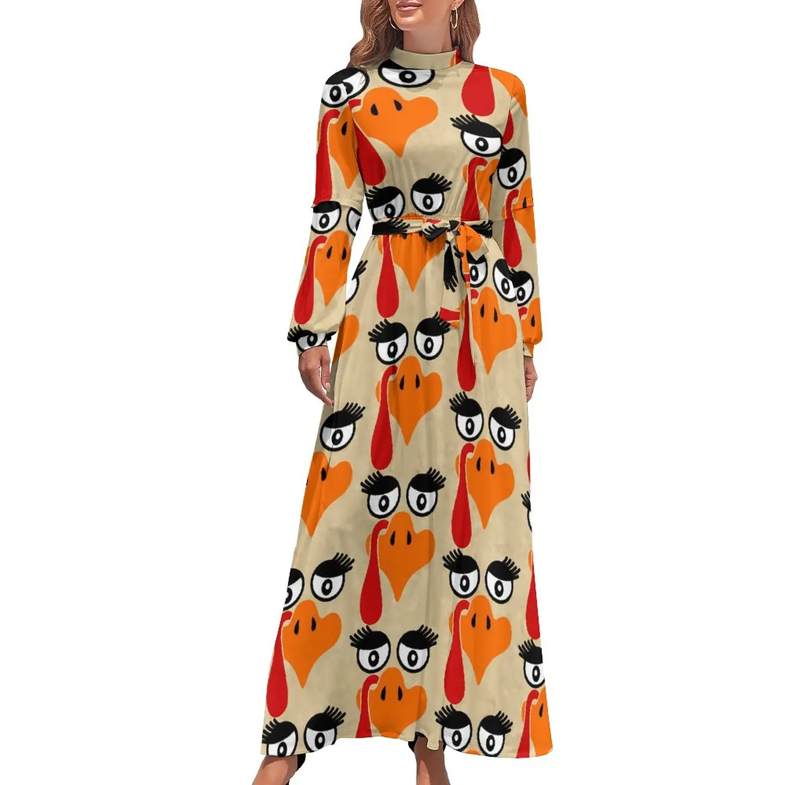 

Eyelashs Print Dress Long-Sleeve Turkey Face Elegant Maxi Dress High Neck Street Style Boho Beach Long Dresses Birthday Present