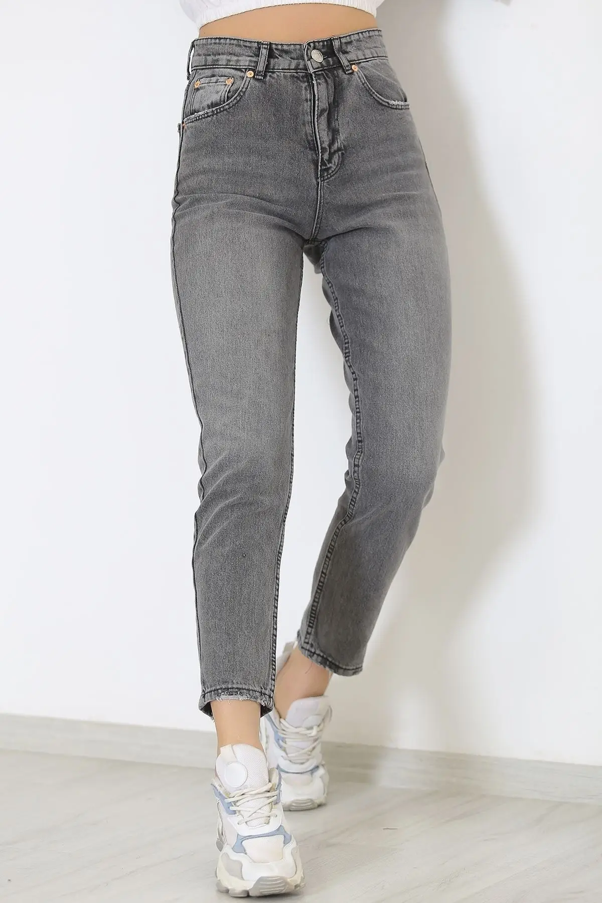 

Women's Jean Boyfriend Smoked Full Length Straight Pant Streetwear Female Buttons Zipper Ladies