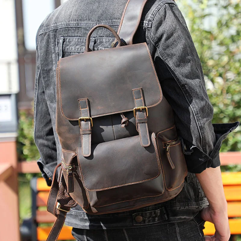 

AETOO Original retro crazy horse leather backpack male classic head layer cowhide travel backpack female