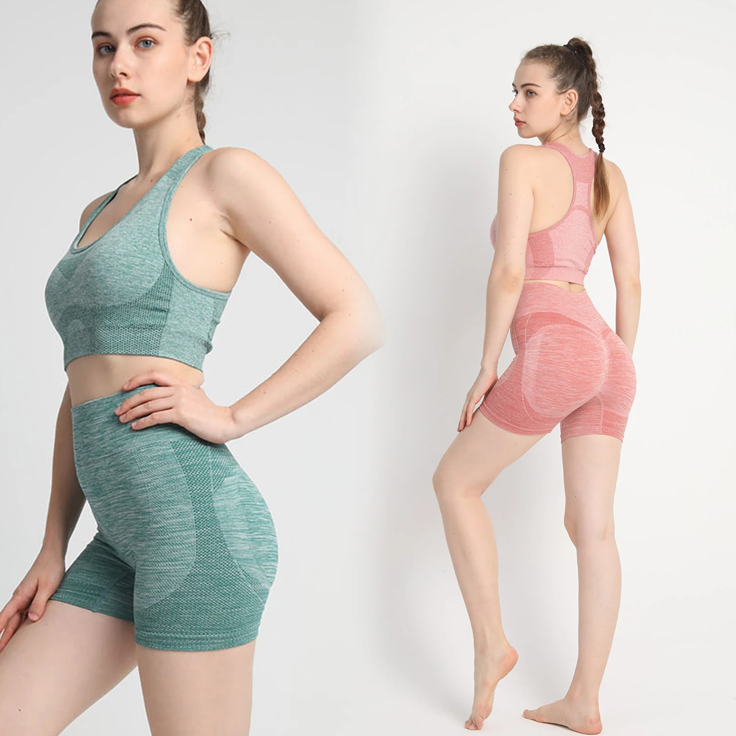 

Seamless Scrunch Yoga Set Women 2Pcs Two Piece Gym Set Crop Top Bra Shorts Sport suit Workout Outfit Fitness Wear Clothes