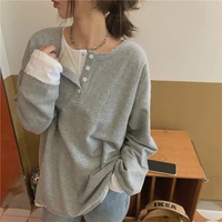women fake two pieces button no hat hoodies sweatshirts fall pullover korean style students all match solid casual loose tops