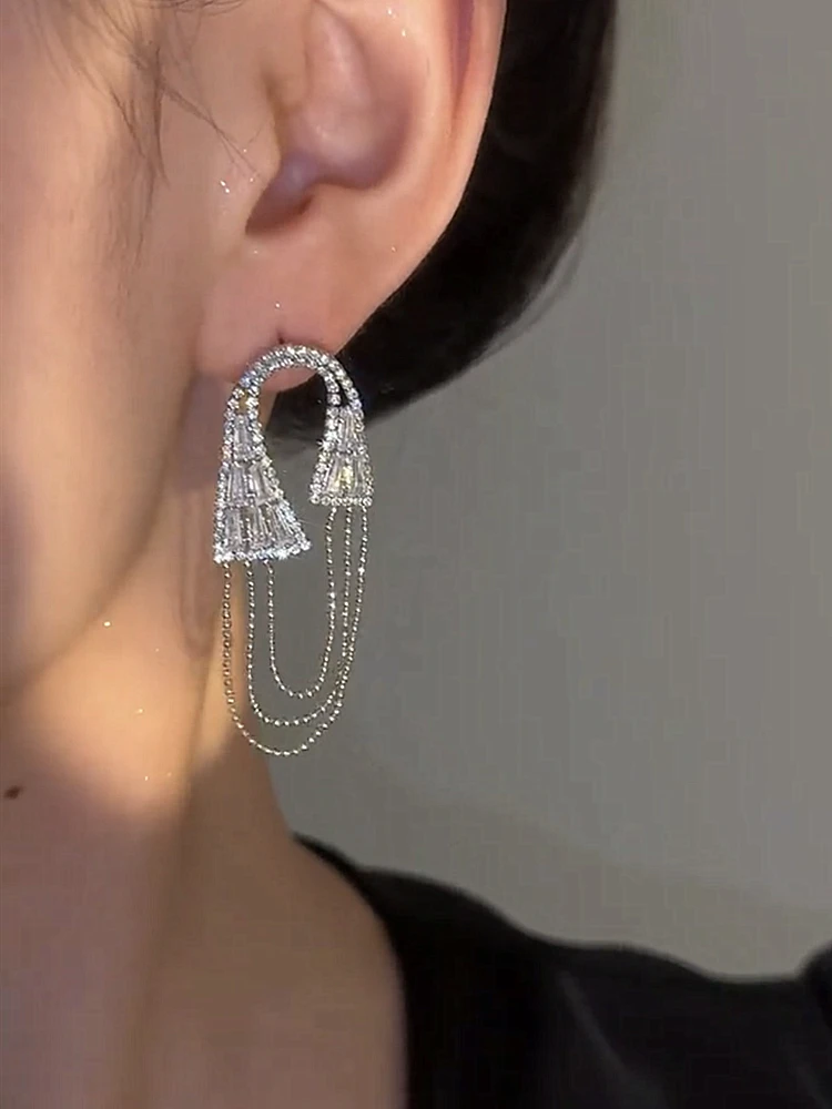 2024 New High-Grade Geometric Zircon Tassel Earrings Light Luxury Design Temperament Cold Sle