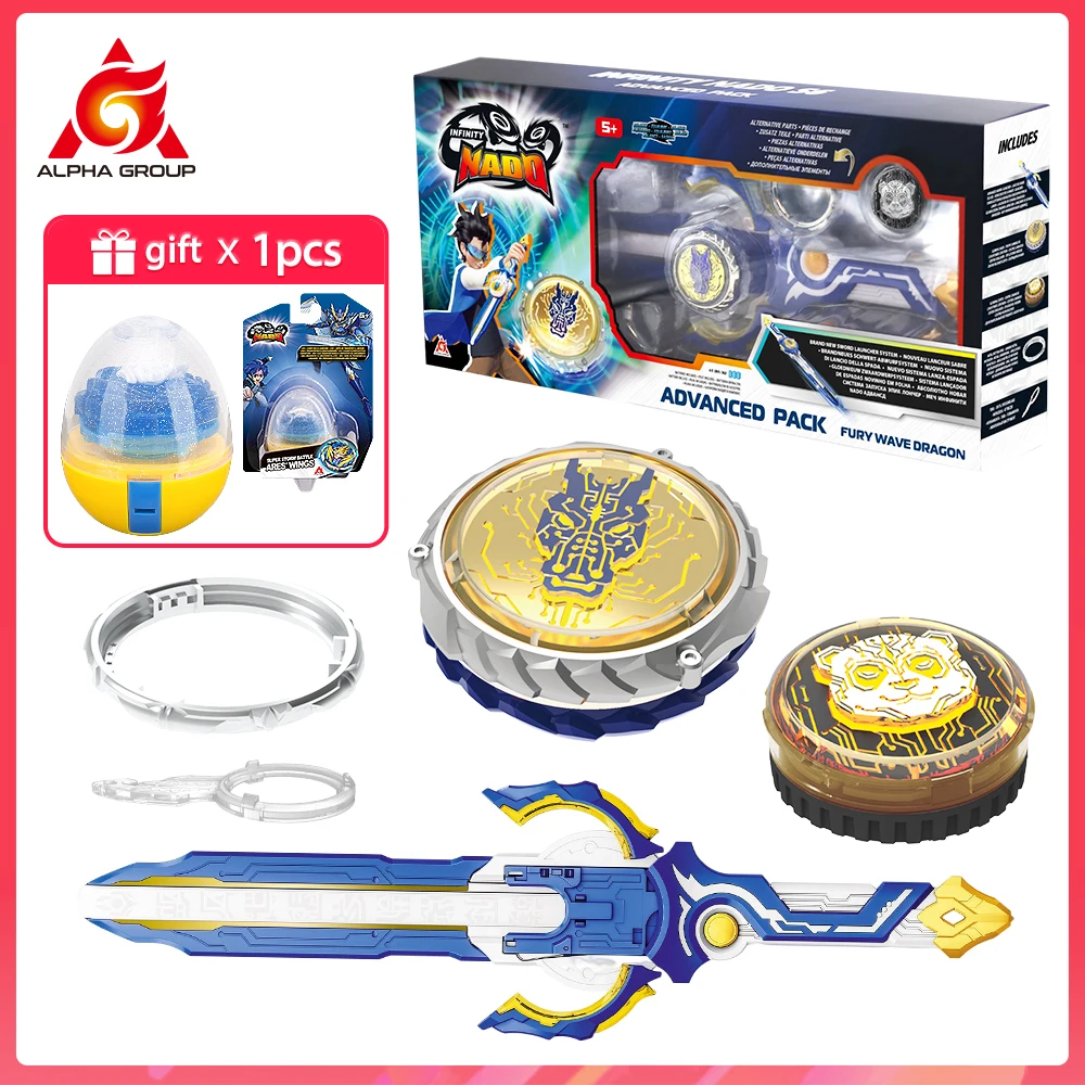 Infinity Nado 6 Advanced Pack-Fury Wave Dragon Metal Ring & Tip Spinning Top Gyro with Monster Icon Sword Launcher Anime Kid Toy