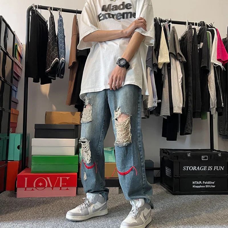 DEEPTOWN Ripped Jeans Men Retro Streetwear Straight Trousers Summer Hip-hop Embroidery Loose Denim Pants Fashion Hole Distressed