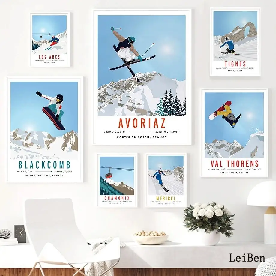 

Tignes Aspen Snowboard Ski France Canada Wall Art Canvas Painting Nordic Poster and Print Pictures for Living Room Home Decor
