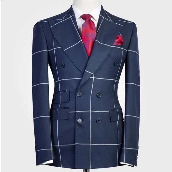 

Navy Blue Double Breasted Tweed Plaid Men Suits Wedding Blazer Grid Formal Peak Wide Lapel Tuxedos Coat