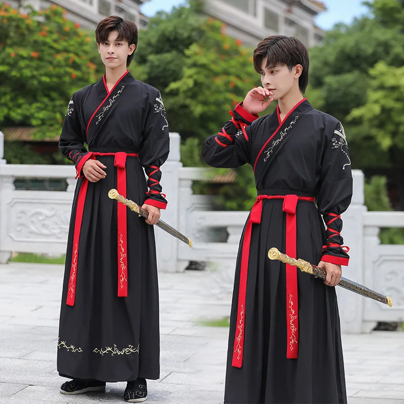 

Traditional Hanfu Male Martial Arts Style Swordsman Embroidered Collar Underskirt Ancient Costume CP Performance Costume