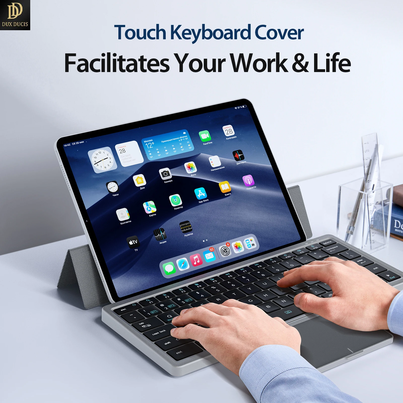 

DUXDUCIS Multi-device Wireless Keyboard+Touch-Board+Kickstand-Case 3-in-1 Wireless Keyboard Cover for iPad/iPhone/Macbook/Tablet