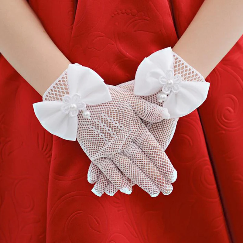 

Сетчатые кружевные перчатки с бантом и жемчугом для девочек, аксессуары для детской свадьбы, Подарочные перчатки