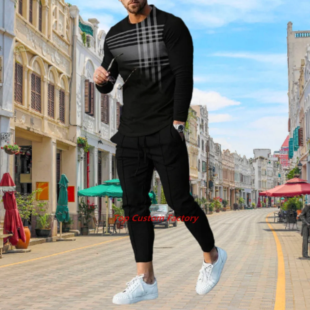 Spring And Summer Tracksuit Men's Long Sleeve T-Shirt 2 Piece Set 3D Black Pattern Street  Pant Set Oversized Jogging Suit