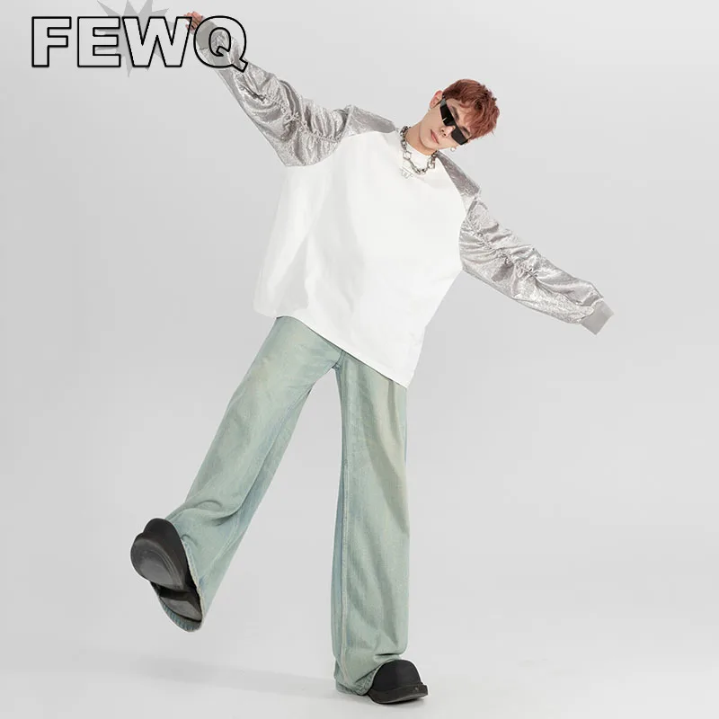 

FEWQ Pleating Men's Long Sleeve Sweatshirts Spliced Niche Design Male Shoulder Pad T-shirts Stitching Color Casual Tops 24B3221
