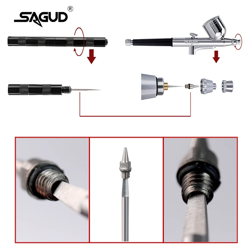 Фото Набор для чистки аэрографа SAGUD, котелок с держателем и чистящие щетки/иглы, двухсторонняя щетка, защитные крышки для аэрографа №3